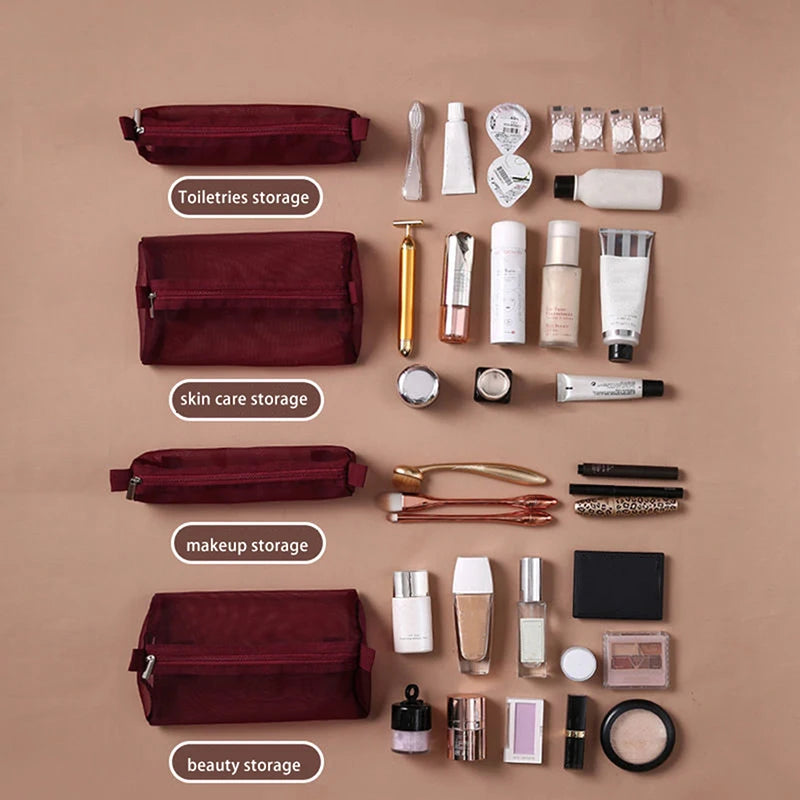 Detachable 4-in-1 Makeup Bag for Women - Spacious Zippered Mesh Cosmetic Pouch - Foldable and Portable Travel Storage Solution