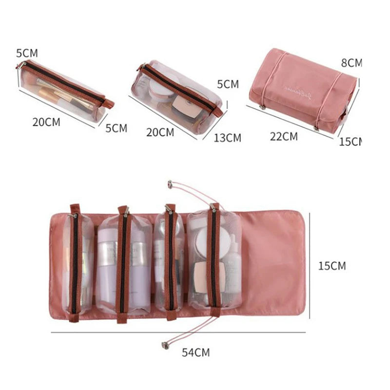Detachable 4-in-1 Makeup Bag for Women - Spacious Zippered Mesh Cosmetic Pouch - Foldable and Portable Travel Storage Solution