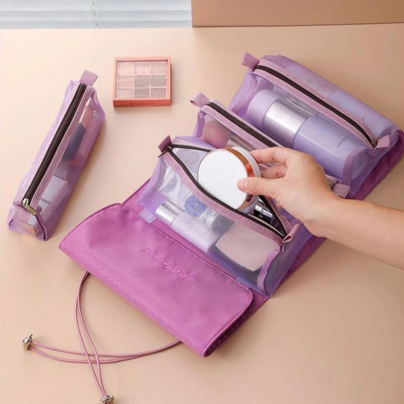 Detachable 4-in-1 Makeup Bag for Women - Spacious Zippered Mesh Cosmetic Pouch - Foldable and Portable Travel Storage Solution