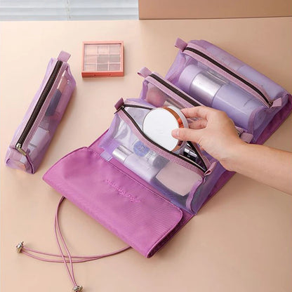 Detachable 4-in-1 Makeup Bag for Women - Spacious Zippered Mesh Cosmetic Pouch - Foldable and Portable Travel Storage Solution