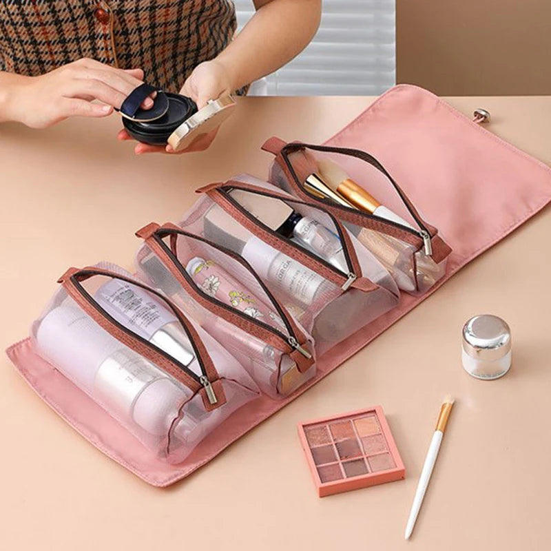 Detachable 4-in-1 Makeup Bag for Women - Spacious Zippered Mesh Cosmetic Pouch - Foldable and Portable Travel Storage Solution